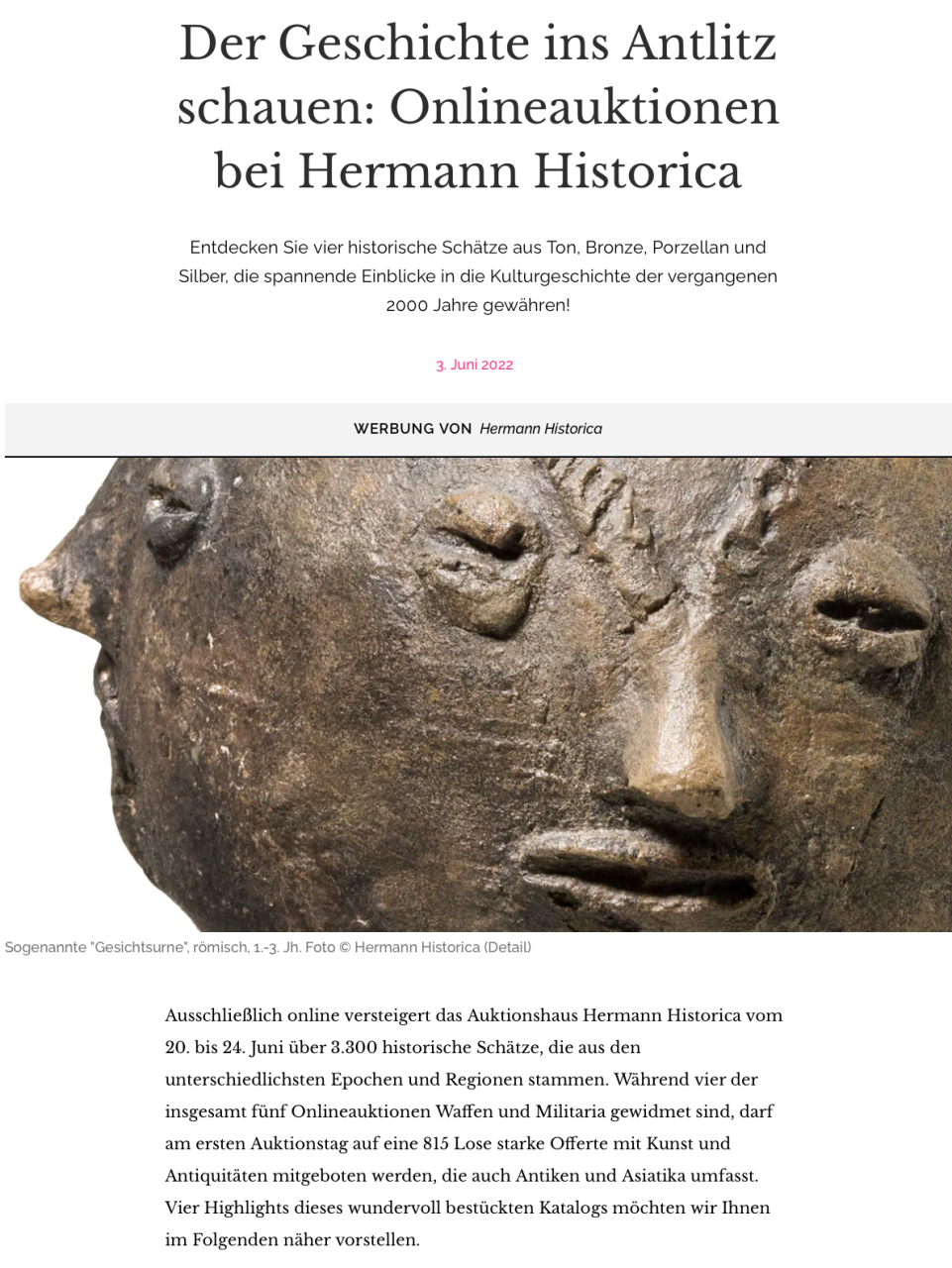 "Der Geschichte ins Antlitz schauen: Onlineauktionen bei Hermann Historica"