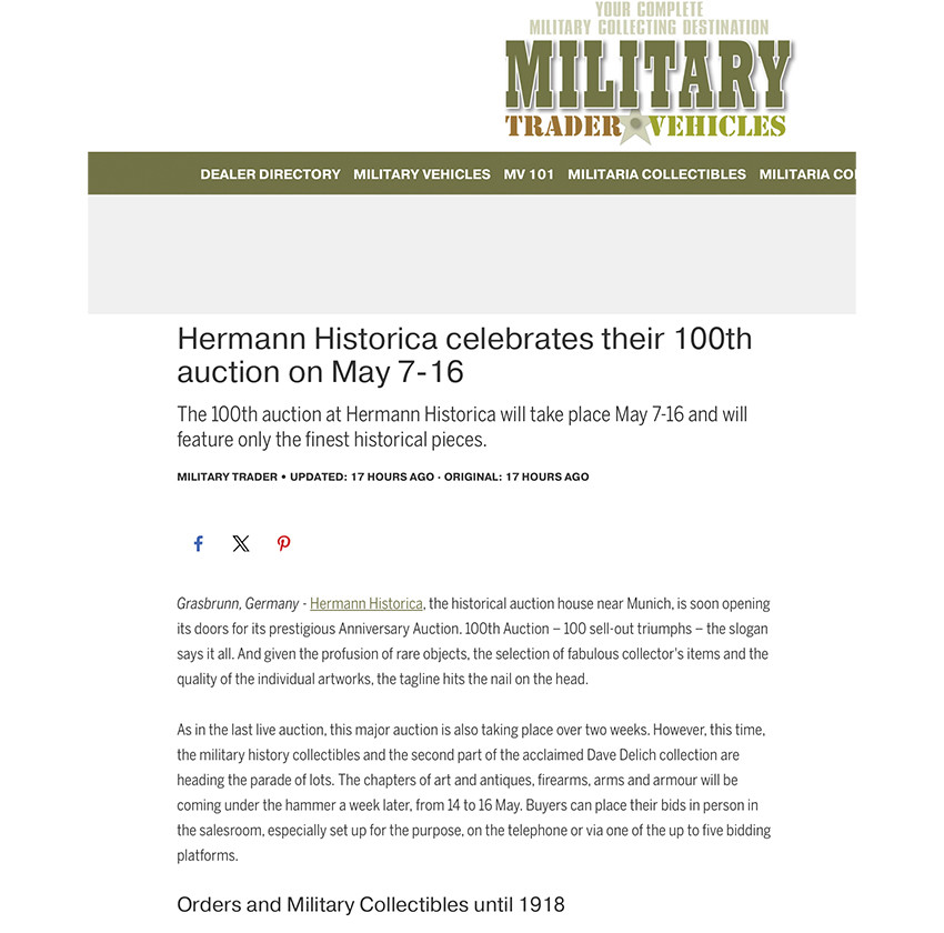 Hermann Historica celebrates their 100th auction on May 7-16