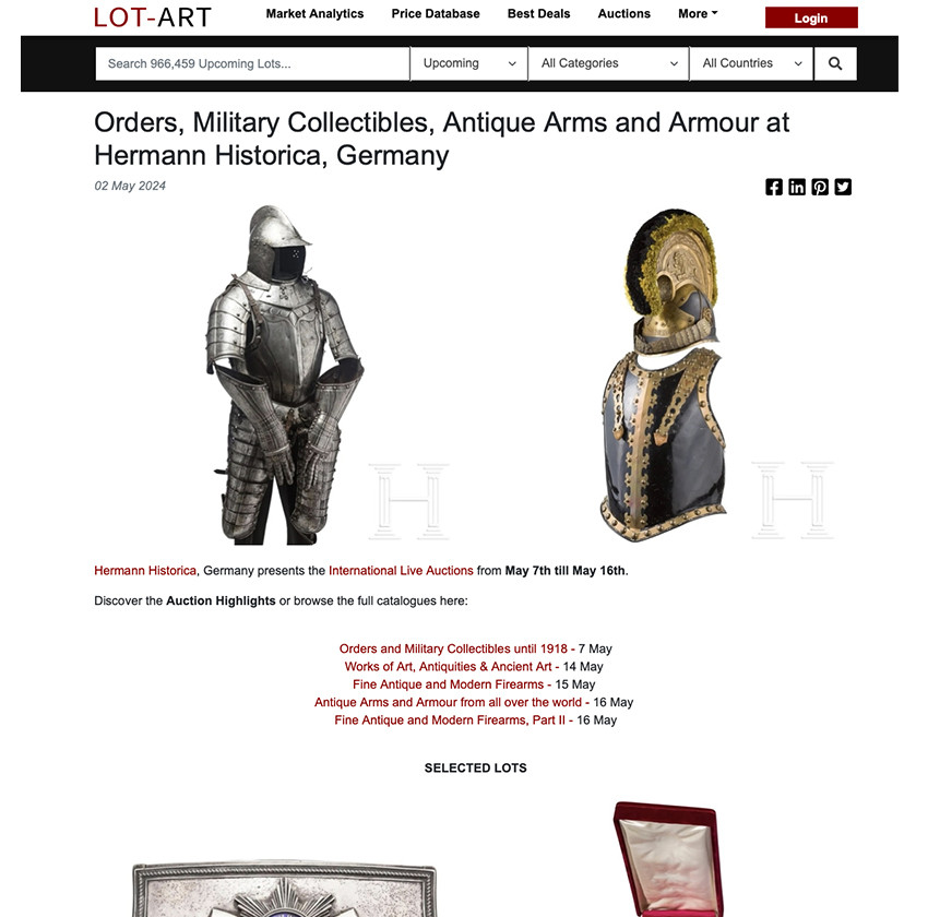 Orders, Military Collectibles, Antique Arms and Armour at Hermann Historica, Germany