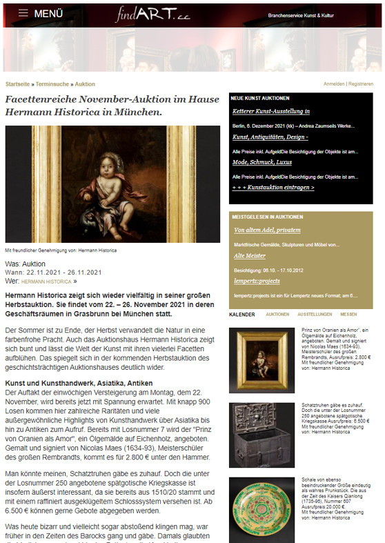 "Facettenreiche November-Auktion im Hause Hermann Historica in München."
