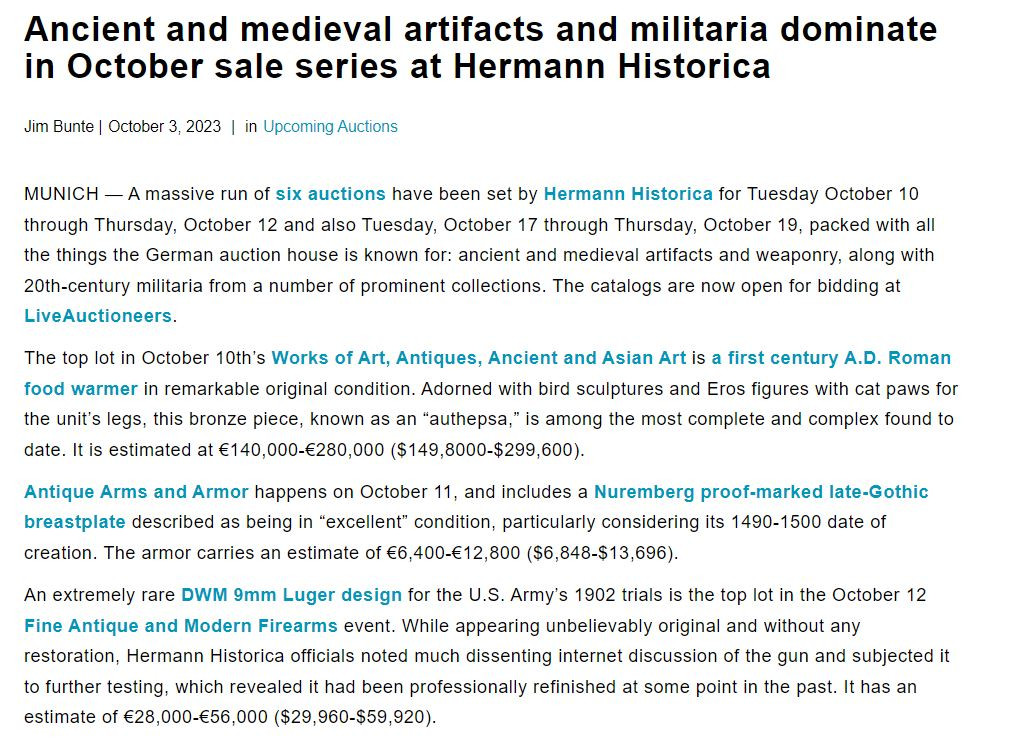 Ancient and medieval artifacts and militaria dominate in October sale series at Hermann Historica