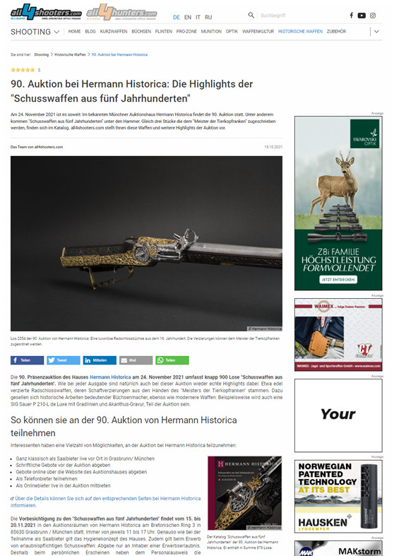 "90. Auktion bei Hermann Historica: Die Highlights der "Schusswaffen aus fünf Jahrhunderten"