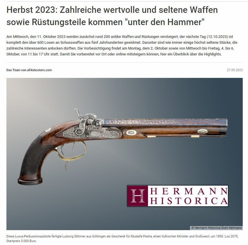 Herbst 2023: Zahlreiche wertvolle und seltene Waffen sowie Rüstungsteile kommen "unter den Hammer"