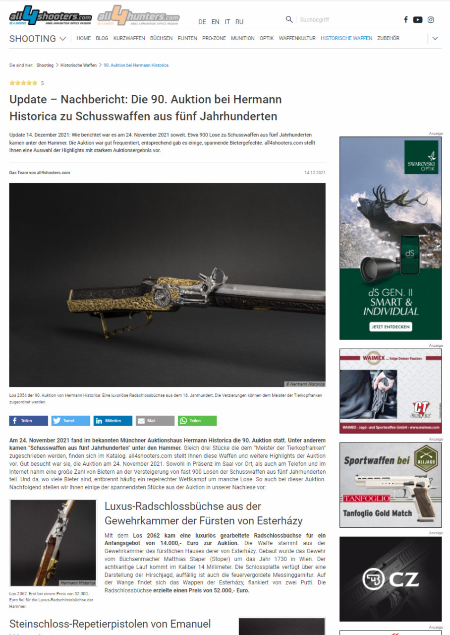 "Update – Nachbericht: Die 90. Auktion bei Hermann Historica zu Schusswaffen aus fünf Jahrhunderten"